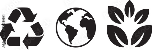 Set of environmental icons with recycling symbol earth globe and organic leaf patterns