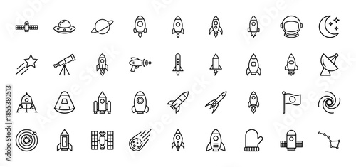 Space exploration line icon set. Vector pictograms of rockets, satellite, ufo, planet, astronaut, telescope, moon, galaxy, comet, and radar, thin outline illustration.