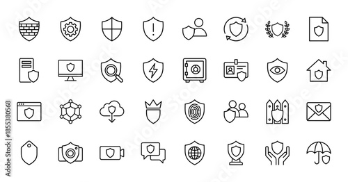 Security and protection line icon set. Vector pictograms of shields, firewall, server, safe, id card, cloud, globe, and umbrella, thin outline illustration.
