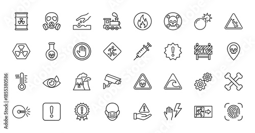 Industrial safety and hazard line icon set. Vector pictograms of radiation, poison, biohazard, fire, electric shock, chemical, and gas mask, thin outline illustration.