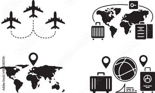 Travel and tourism global icons set map airplane luggage world trip destination symbols