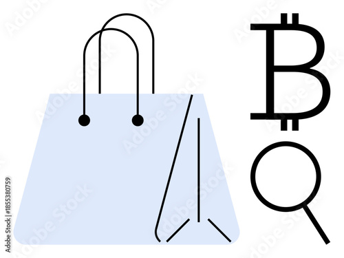 Shopping bag paired with a Bitcoin symbol and magnifying glass highlights digital commerce, cryptocurrency. Ideal for e-commerce, cryptocurrency, transactions, financial tech, shopping, innovation