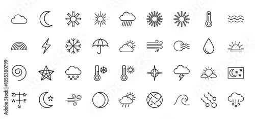 Weather line icon set. Vector pictograms of sun, cloud, rain, snow, lightning, wind, moon, thermometer, umbrella and star, thin outline illustration.