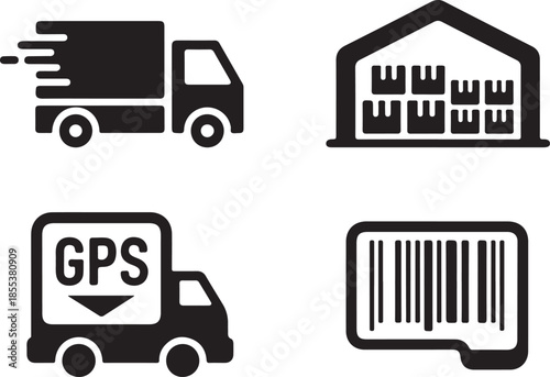 Logistics and shipping icons showing delivery truck warehouse gps tracking and barcode scanning