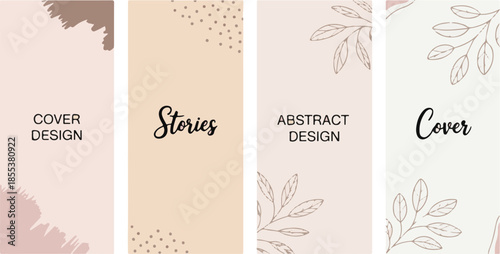 Set of four vertical instagram stories templates with abstract blush pink and botanical elements
