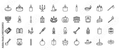 Candle and lighting line icon set. Vector pictograms of wax lights, candelabra, lantern, torch, oil lamp, matchbox, aroma burner and menorah, thin outline illustration.
