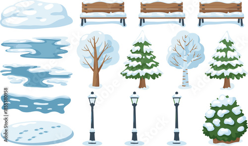 Winter park nature elements set with snow covered trees benches street lamps and bushes