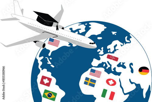 Global education and study abroad concept with airplane earth globe and graduation cap