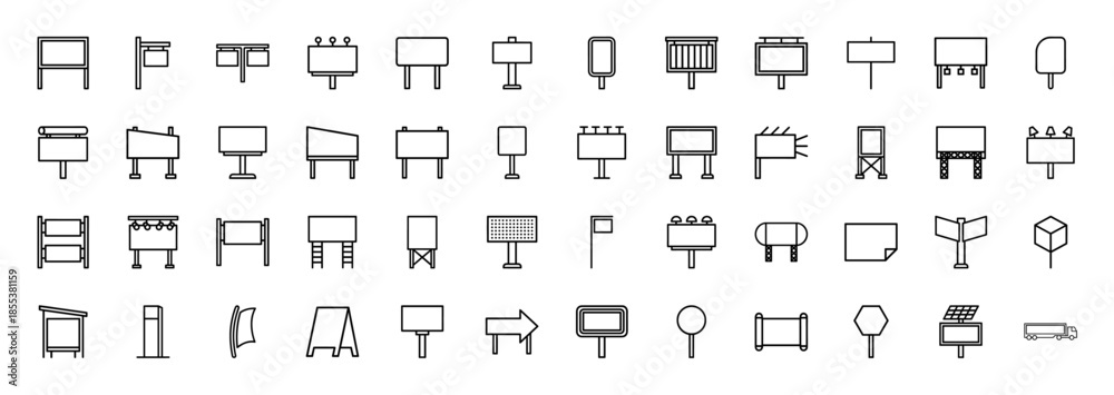 Obraz premium Outdoor advertising line icon set. Vector pictograms of billboards, street signage, bus stop shelters, digital displays, and banners, thin outline illustration.