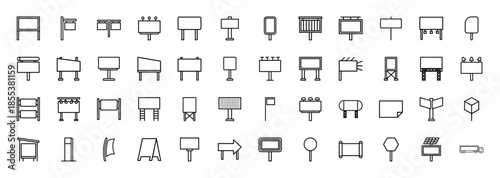 Outdoor advertising line icon set. Vector pictograms of billboards, street signage, bus stop shelters, digital displays, and banners, thin outline illustration.