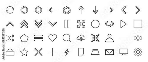 User interface line icon set. Vector pictograms of arrows, refresh, play, pause, search, profile, mail, setting, upload and star symbols, thin outline illustration.