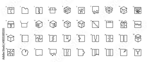 Damaged packaging line icon set. Vector pictograms of broken box, cracked container, crushed carton, fragile cargo, shattered glass, torn edge, thin outline illustration.