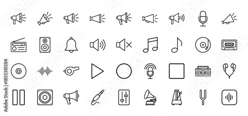 Audio and music line icon set. Vector pictograms of microphone, speaker, headphones, megaphone, cassette, radio, vinyl, note, volume, wave, thin outline illustration.