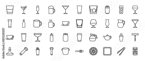 Barware and glassware line icon set. Vector pictograms of beer mug, wine glass, cocktail, coffee cup, bottle, shaker, ice bucket and corkscrew, thin outline illustration.