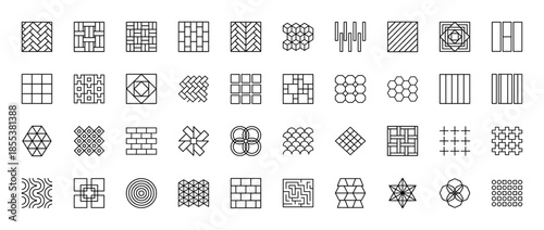 Geometric pattern line icon set. Vector pictograms of floor tiles, parquet, brick wall, paving stones, mosaic, wood texture, abstract shapes, thin outline illustration.