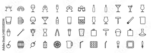 Alcohol and bar drinks line icon set. Vector pictograms of cocktail glass, beer mug, wine bottle, shaker, corkscrew, tap and barrel, thin outline illustration.