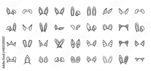 Animal costume ears line icon set. Vector pictograms of rabbit, cat, bear, dog, devil, alien and monster headbands, thin outline illustration.