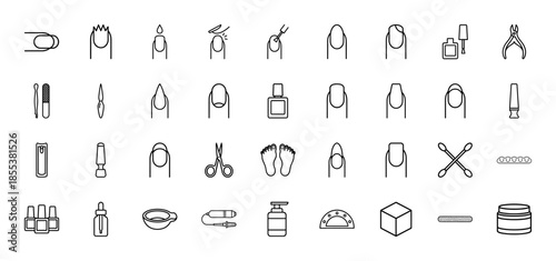 Manicure and pedicure line icon set. Vector pictograms of fingernails, polish bottles, clippers, files, nippers, scissors, separators and cream, thin outline illustration.