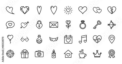 Love and romance line icon set. Vector pictograms of hearts, cupid arrow, wedding ring, broken heart, love letter, balloon, calendar and key, thin outline illustration.