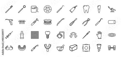 Dental and oral health line icon set. Vector pictograms of toothbrush, floss, tooth, drill, syringe, braces, implant, and chair, thin black outline illustration.