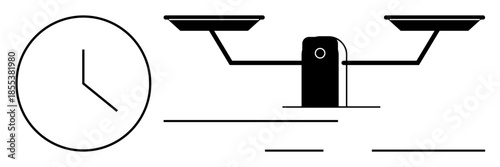Time management, work-life balance, productivity, decision-making, efficiency, scheduling. Minimalist clock and balanced scale. Time management and work-life balance as core concepts