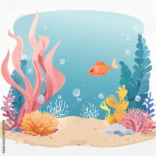 2D playful underwater scene with pink kelp, orange fish, coral, and blue water with bubbles. Generative AI