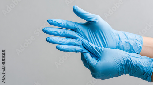 putting on blue medical gloves, disposable gloves healthcare hygiene, sterile medical glove close up
