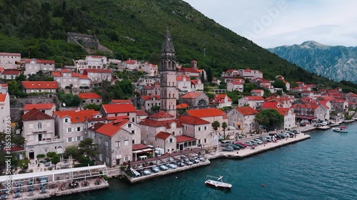 Perast Town aerial view in Kotor Bay in Montenegro