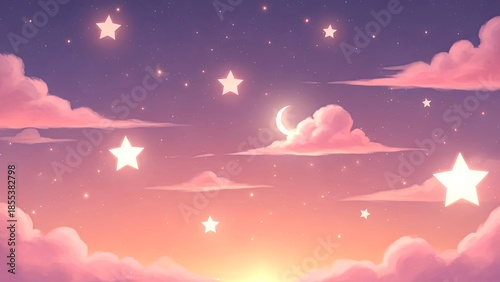 Whimsical pastel sky at twilight with glowing stars and a serene crescent moon nestled among soft, fluffy clouds, creating a magical, dreamy atmosphere