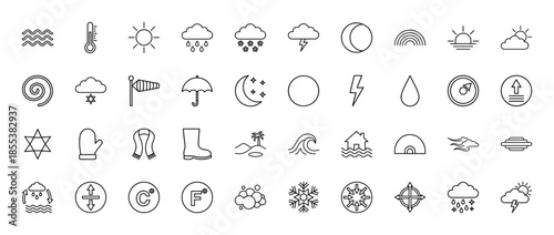 Weather line icon set. Vector pictograms of thermometer, sun, rain, cloud, lightning, umbrella, moon, rainbow, wind, snow and seasons, thin outline illustration.