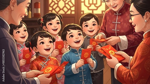 Joyful Multi-Generational Chinese Family Celebrating Lunar New Year with Traditional Red Envelopes and Festive Attire in a Warm, Culturally Rich Home Setting
