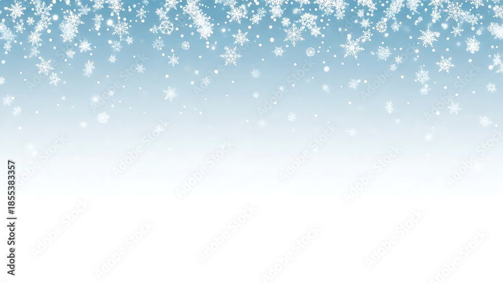 Fototapeta premium Falling white snowflakes on a blue gradient background