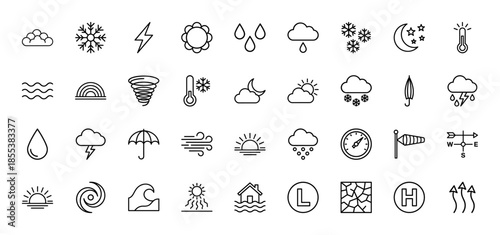 Weather forecast line icon set. Vector pictograms of sun, rain, snow, lightning, storm, tornado, thermometer, wind, umbrella and barometer, thin outline illustration.
