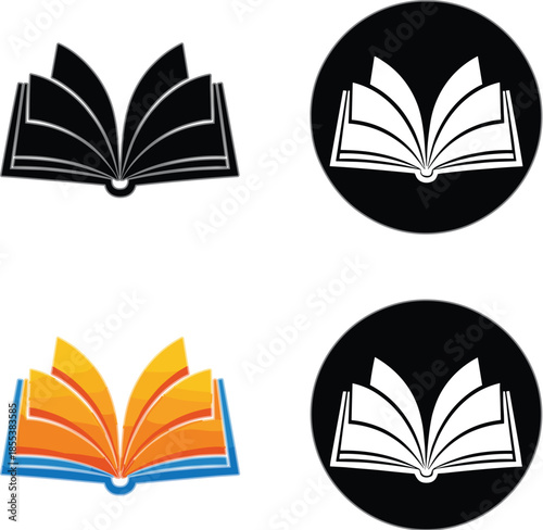 Open book icon set in black and colorful styles, education, reading and knowledge symbols for apps, logos and learning concepts vector illustration