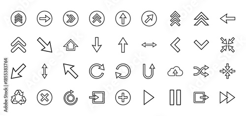 Arrow line icon set. Vector pictograms of pointer, chevron, refresh, download, upload, shuffle, recycle, expand, play and navigation symbols, thin outline illustration.