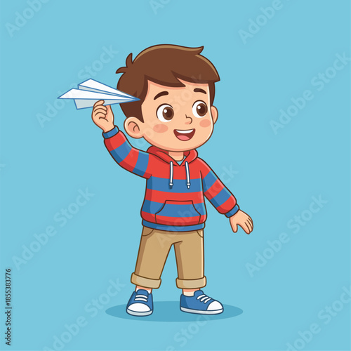 Cute cartoon boy throwing a paper airplane.
