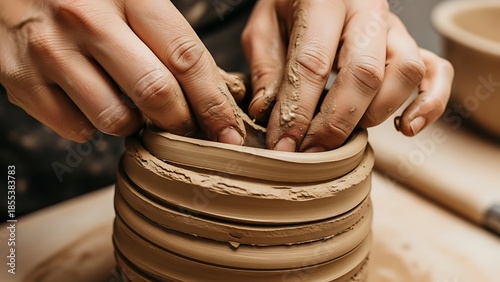 Creative pottery artist forming a clay pot with bare hands closely