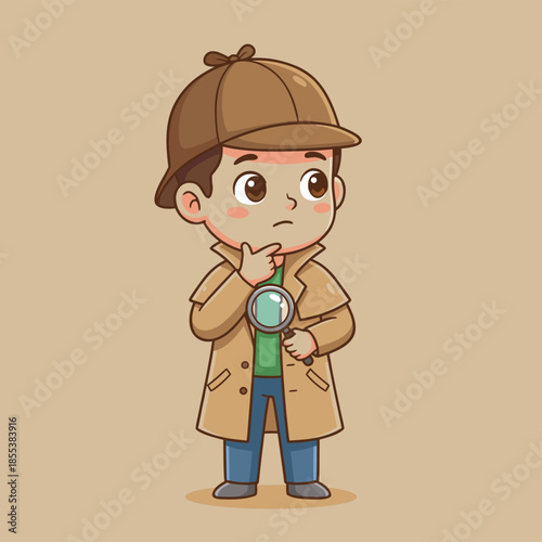 Cute cartoon detective boy with magnifying glass.