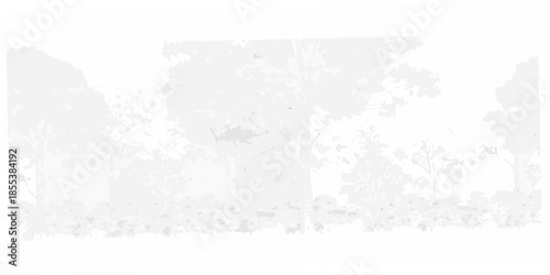 A grayscale image depicting a dense forest with prominent tree shapes