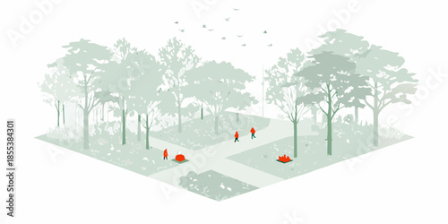 Isometric illustration of a park with trees paths and people walking