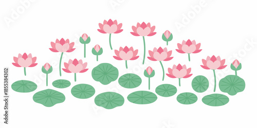 A collection of pink lotus flowers and green lily pads in a design