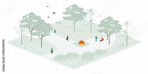 Isometric illustration of people gathered around a campfire in a sparse forest