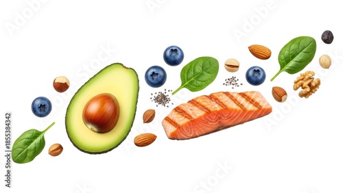 Colorful assortment of nutrient-dense superfoods fresh avocado, grilled salmon, blueberries, spinach, and diverse nuts and seeds, for a balanced diet and healthy living