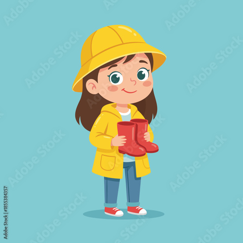 Cute cartoon girl in yellow raincoat holding red boots.