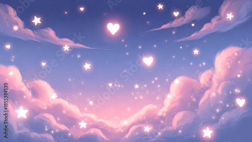 Dreamy Sky with Glowing Hearts and Stars Amidst Soft Clouds