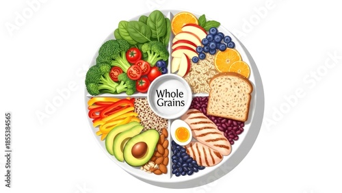 A balanced meal plate illustrating diverse whole foods, fresh fruits, vegetables, lean proteins, and essential whole grains for a wholesome and nutritious diet