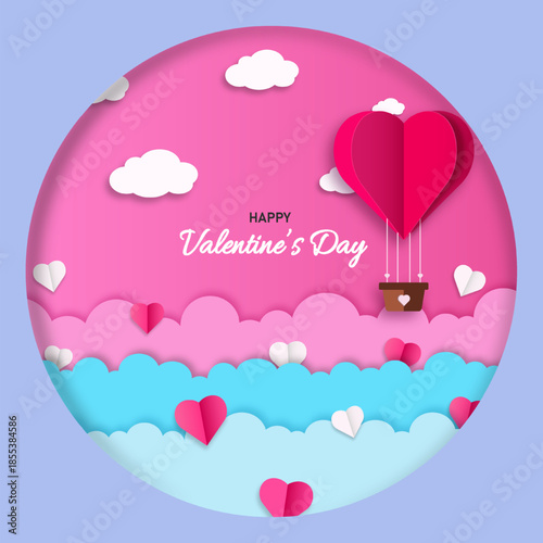 Valentine’s Day Greeting Card with Heart Hot Air Balloon, Paper Cut Clouds, and Pink Sky Background