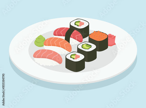 mixed sushi plate on white plate .Includes maki rolls, nigiri (salmon, tuna), and gunkan with roe, served with wasabi and ginger