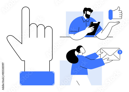Business operations, communication, messaging, collaboration, customer feedback, approval. Hand pointing upwards, man with tablet woman handing an envelope. Communication and messaging concepts