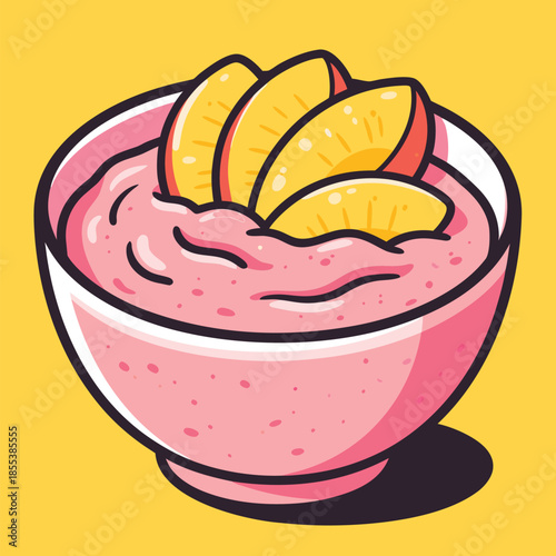 Delicious Pink Smoothie Bowl Topped with Sliced Peaches.